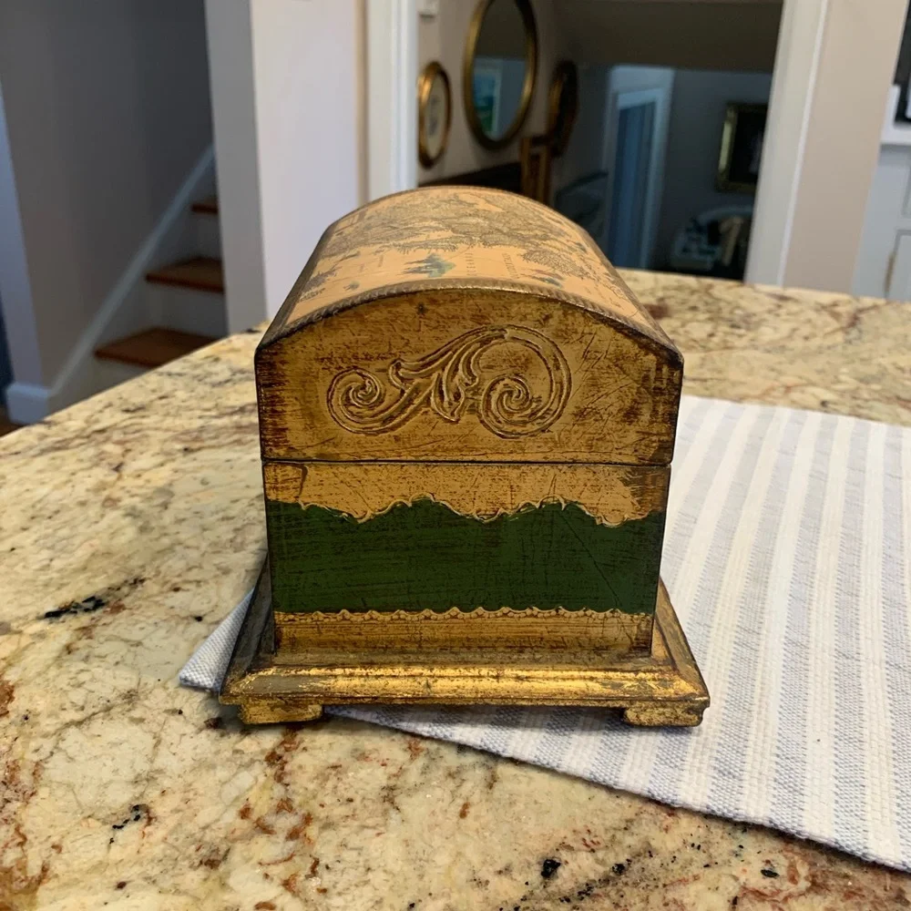 Vintage Italian Florentine Gold and Green Domed Decorative Box